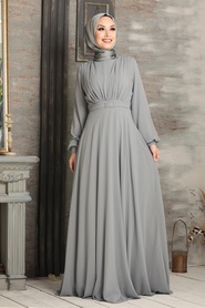 Neva Style - Plus Size Grey Islamic Clothing Evening Dress 5422GR - Thumbnail