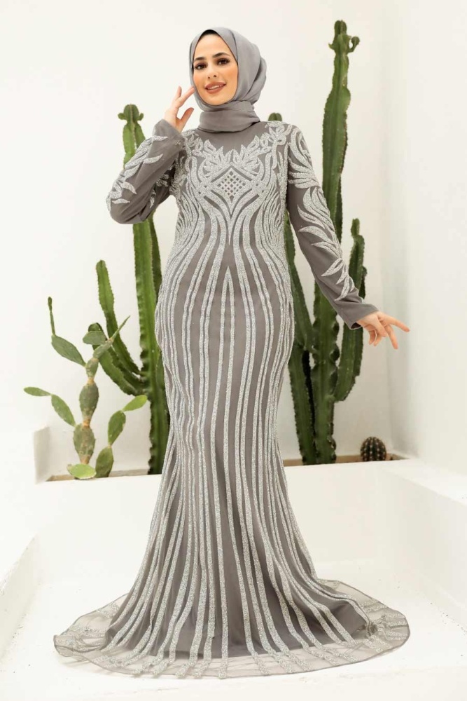 Grey Hijab Evening Dress 736GR - 1