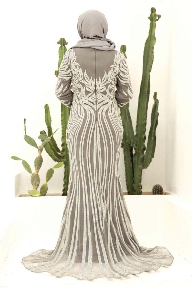 Grey Hijab Evening Dress 736GR - 2