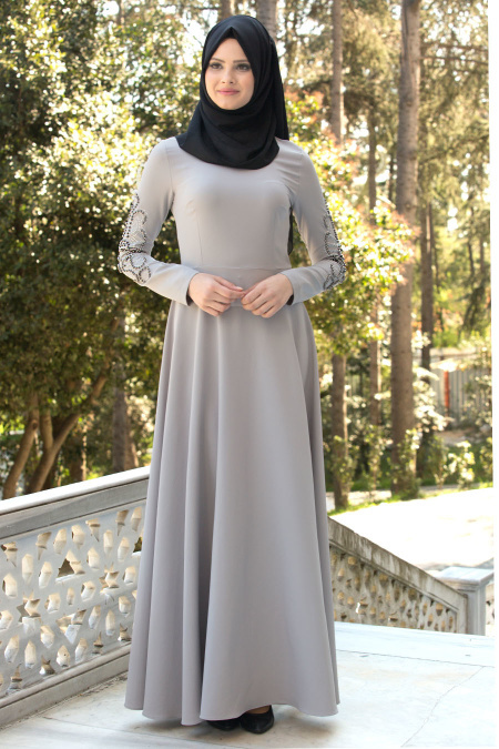 Grey Hijab Evening Dress 8152GR