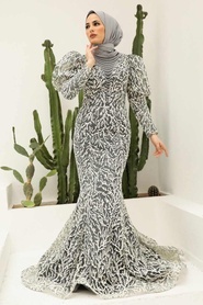 Neva Style - Stylish Grey Islamic Long Sleeve Maxi Dress 865GR - Thumbnail