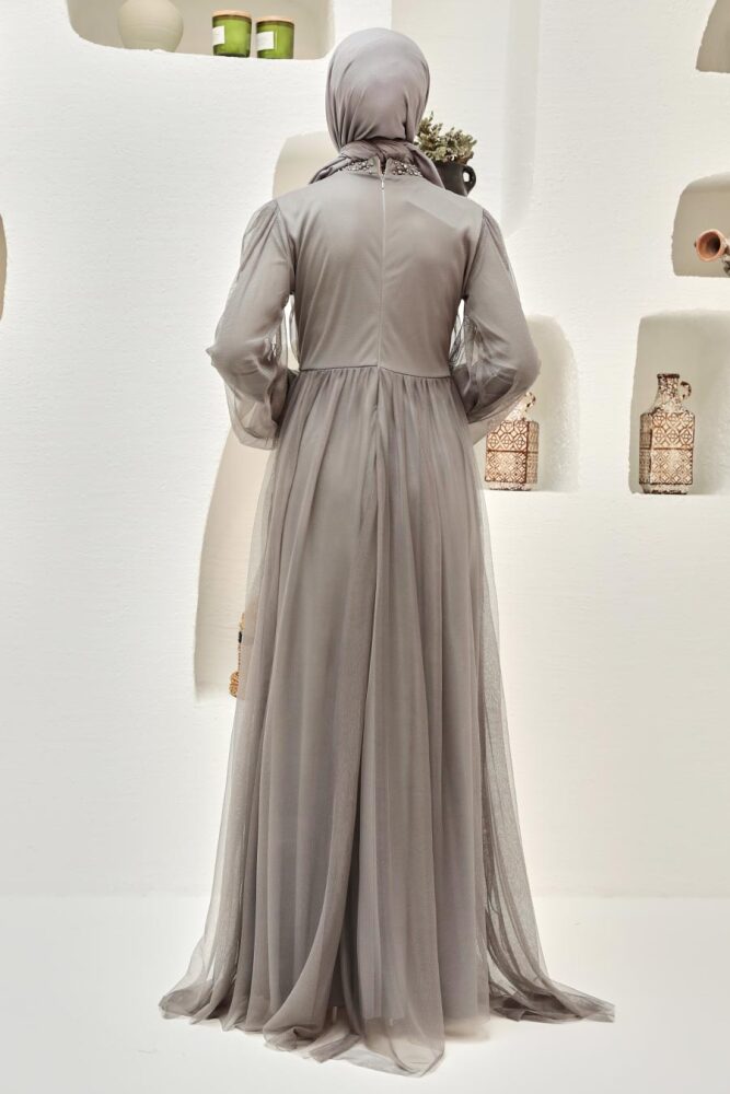 Neva Style - Plus Size Grey Islamic Clothing Engagement Dress 9170GR - 2