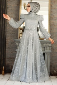 Grey Hijab Evening Dress 41071GR - Thumbnail