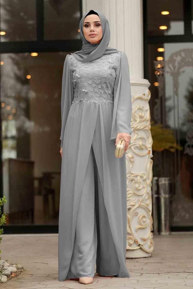 Grey Hijab Evening Jumpsuit 3932GR - 1