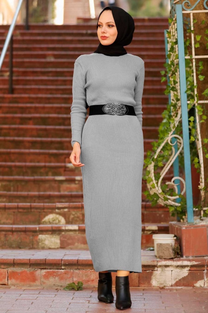 Grey Hijab Knitwear Dress 78261GR - 1