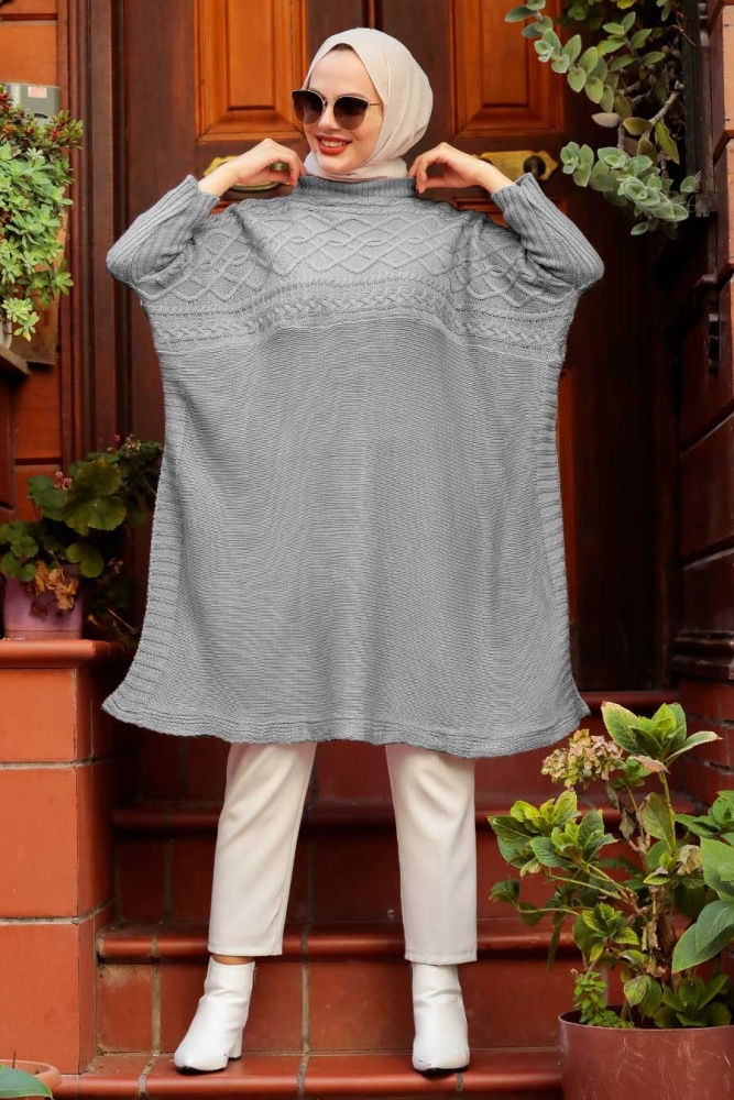 Grey Hijab Knitwear Poncho 3245GR - 1