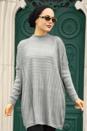 Grey Hijab Knitwear Poncho 3404GR - 1