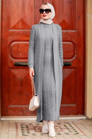 Grey Hijab Knitwear Suit Dress 3171GR - 1