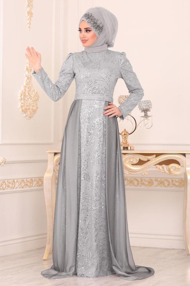 Grey Hijab Evening Dress 196711GR - 1