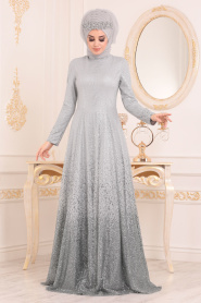 Grey Hijab Evening Dress 2081GR - Thumbnail