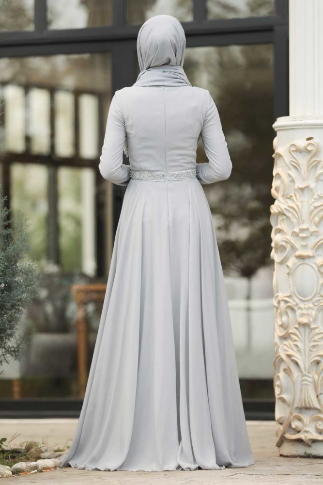 Grey Hijab Evening Dress 20901GR - 2