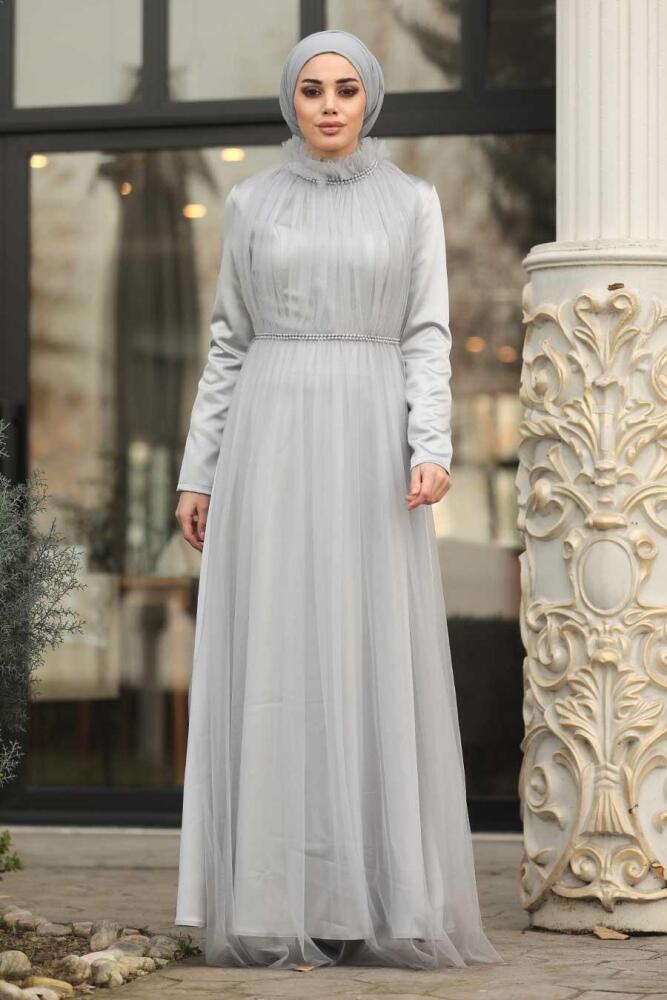 Neva Style - Long Grey Islamic Wedding Dress 2203GR - 1