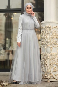 Neva Style - Long Grey Islamic Wedding Dress 2203GR - Thumbnail