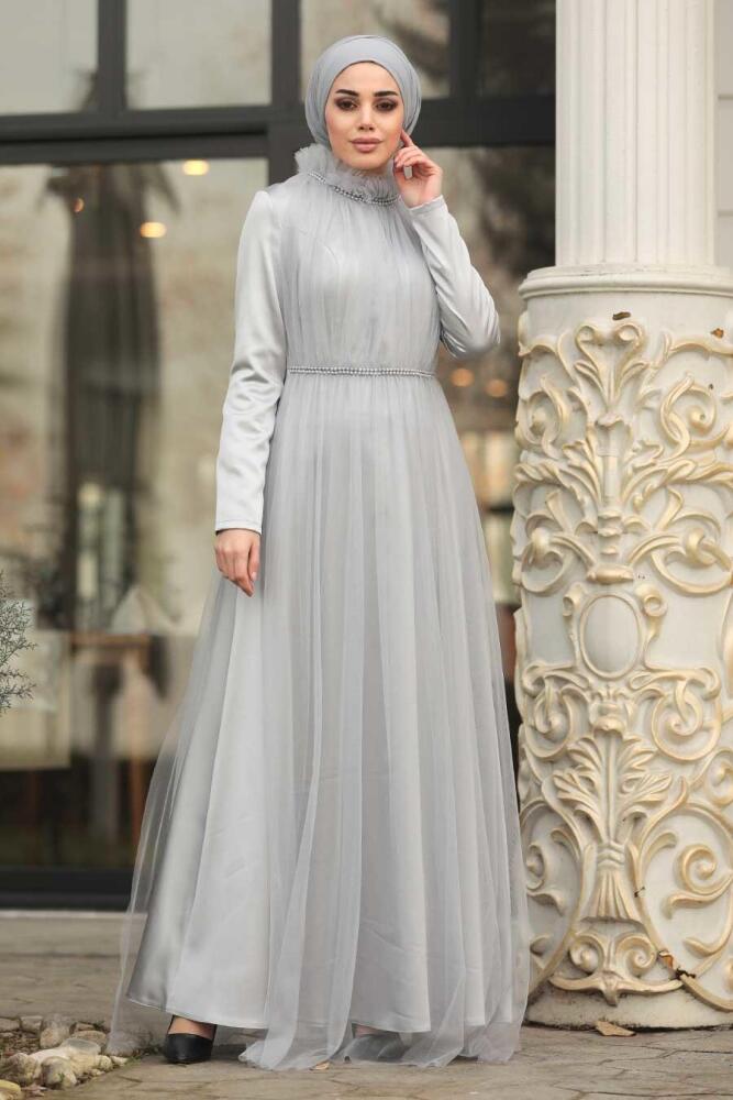 Neva Style - Long Grey Islamic Wedding Dress 2203GR - 2