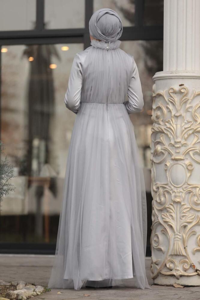 Neva Style - Long Grey Islamic Wedding Dress 2203GR - 3