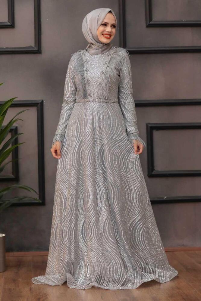 Grey Hijab Evening Dress 39430GR - 1