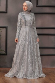  Grey Hijab Evening Dress 39430GR - Thumbnail