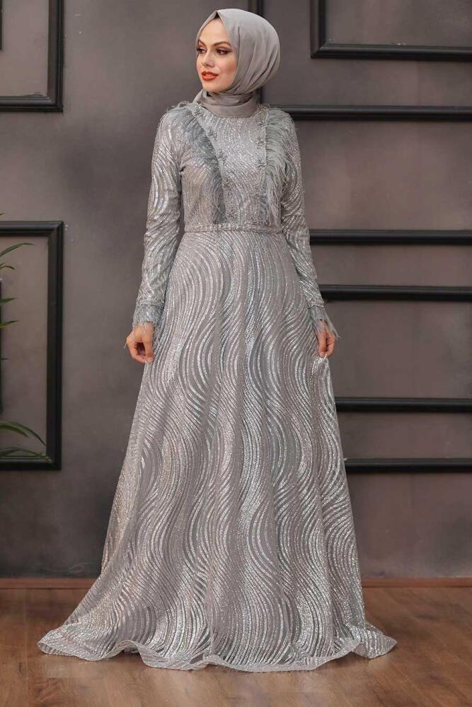  Grey Hijab Evening Dress 39430GR - 3