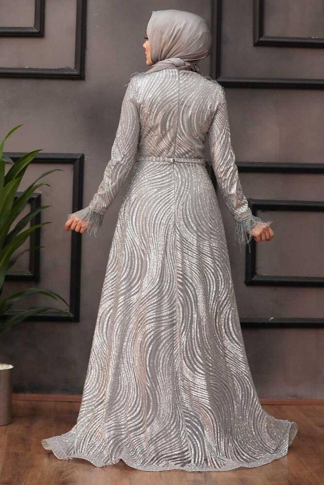  Grey Hijab Evening Dress 39430GR - 4