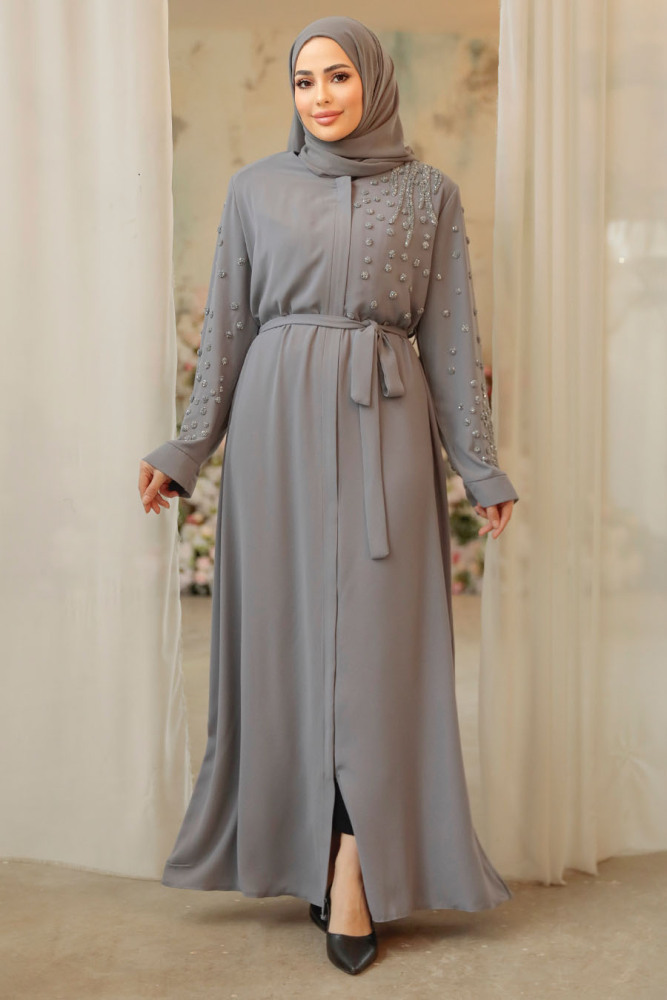 Grey Modest Dubai Abaya 29101GR - 1