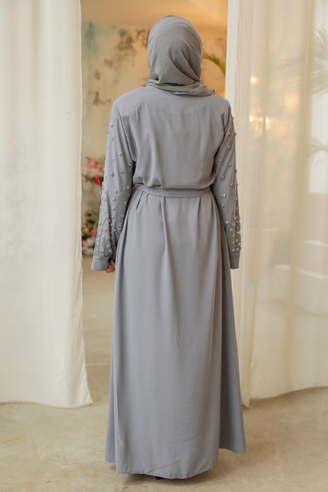Grey Modest Dubai Abaya 29101GR - 2