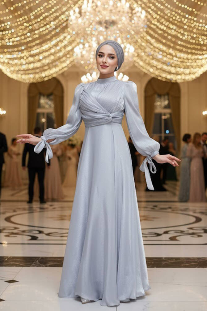 Grey Satin Modest Evening Gown 4823GR - 1