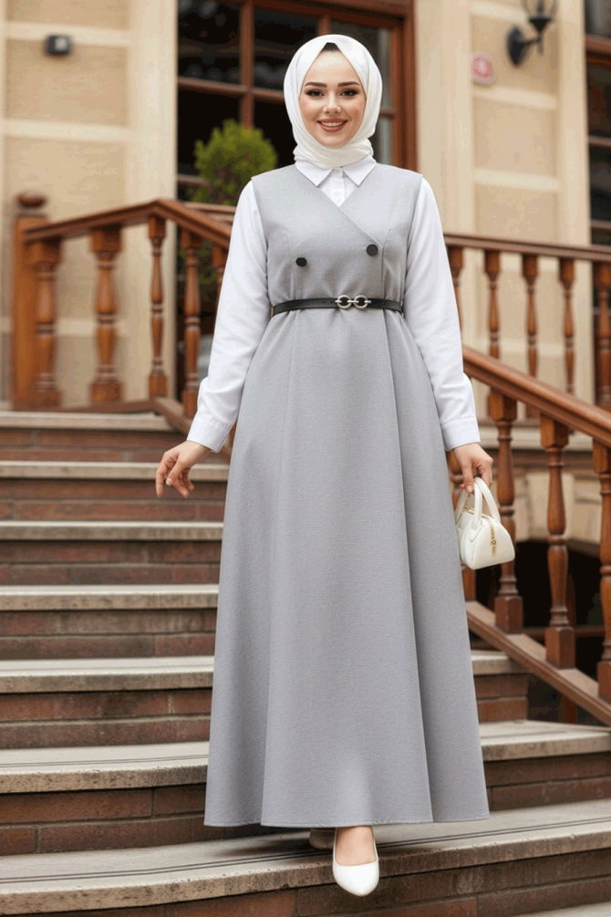 Gri Tesettür Jile Elbise 30284GR - 1