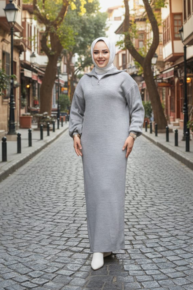 Gri Tesettür Triko Elbise 60321GR - 1