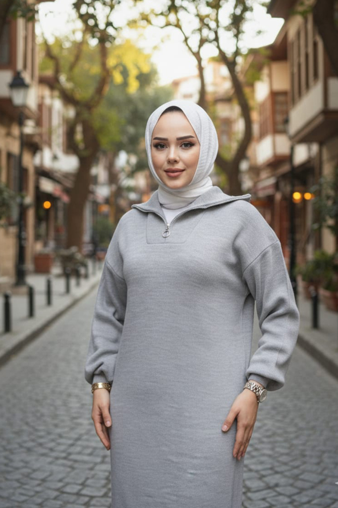 Gri Tesettür Triko Elbise 60321GR - 2