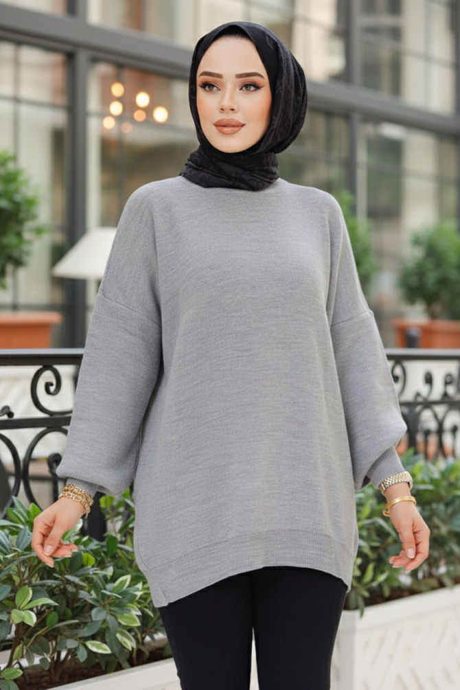 Gri Tesettür Triko Kazak Tunik 17201GR - 1