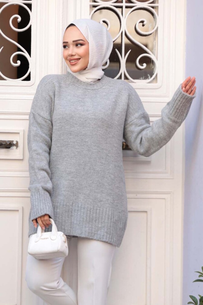 Gri Tesettür Triko Kazak Tunik 55551GR - N.S NEVA STYLE
