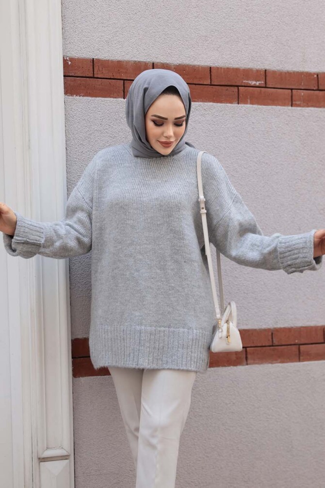 Gri Tesettür Triko Kazak Tunik 87181GR - 3