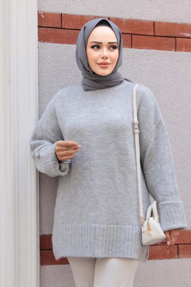 Gri Tesettür Triko Kazak Tunik 87181GR - 2