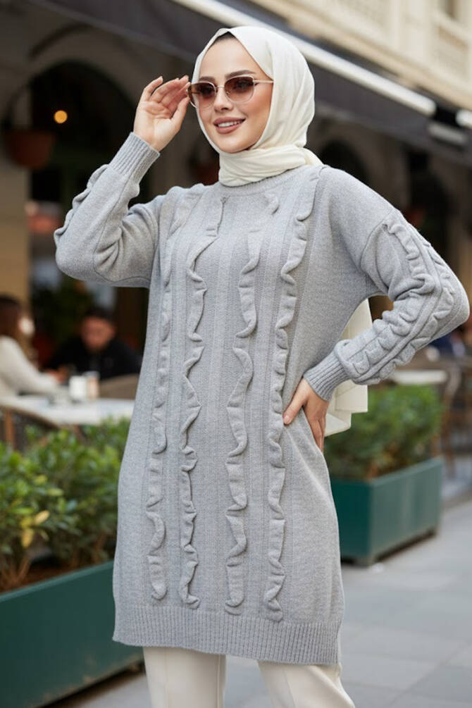 Gri Tesettür Triko Kazak Tunik 87703GR - N.S NEVA STYLE