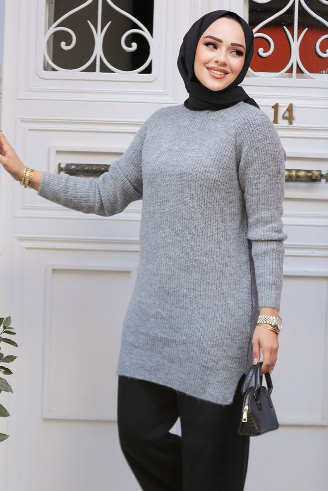 Gri Tesettür Triko Tunik Kazak 20085GR - 2