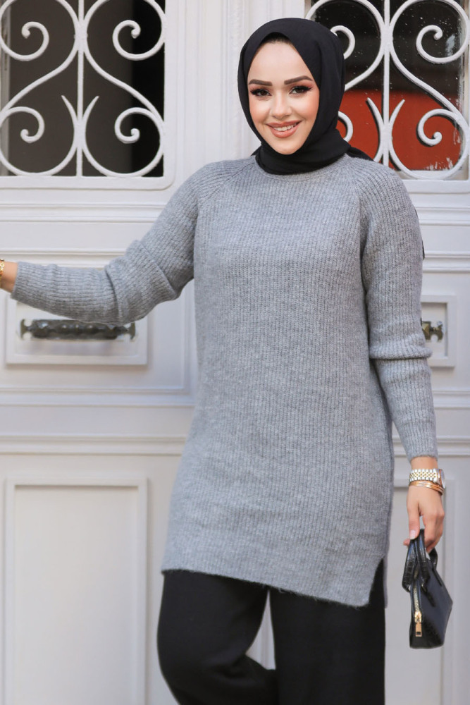 Gri Tesettür Triko Tunik Kazak 20085GR - 1