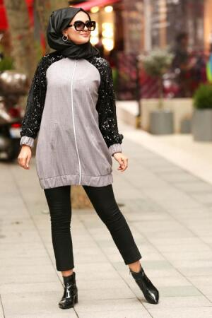 Gris - Nayla Collection - Manteau Hijab 18693GR - 1