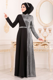 Gris-Nayla Collection -Robe de Soirée Hijab 1234GR - Thumbnail