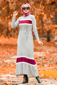 Gris - Nayla Collection - Robe En Tricot Hijab 15583GR - Thumbnail