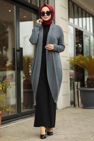 Gris - Neva Style - Cardigen En Tricot Hijab - 12054GR - Thumbnail