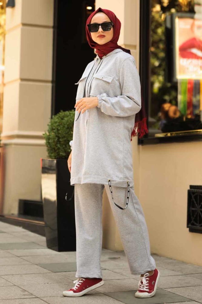 Gris - Neva Style - Ensemble Décontracté Hijab - 5030GR - 1