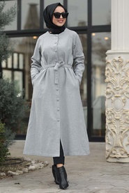 Gris - Neva Style - Manteau Feutre Hijab - 5505GR - Thumbnail