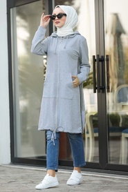 Gris - Neva Style - Manteau Hijab - 6029GR - Thumbnail