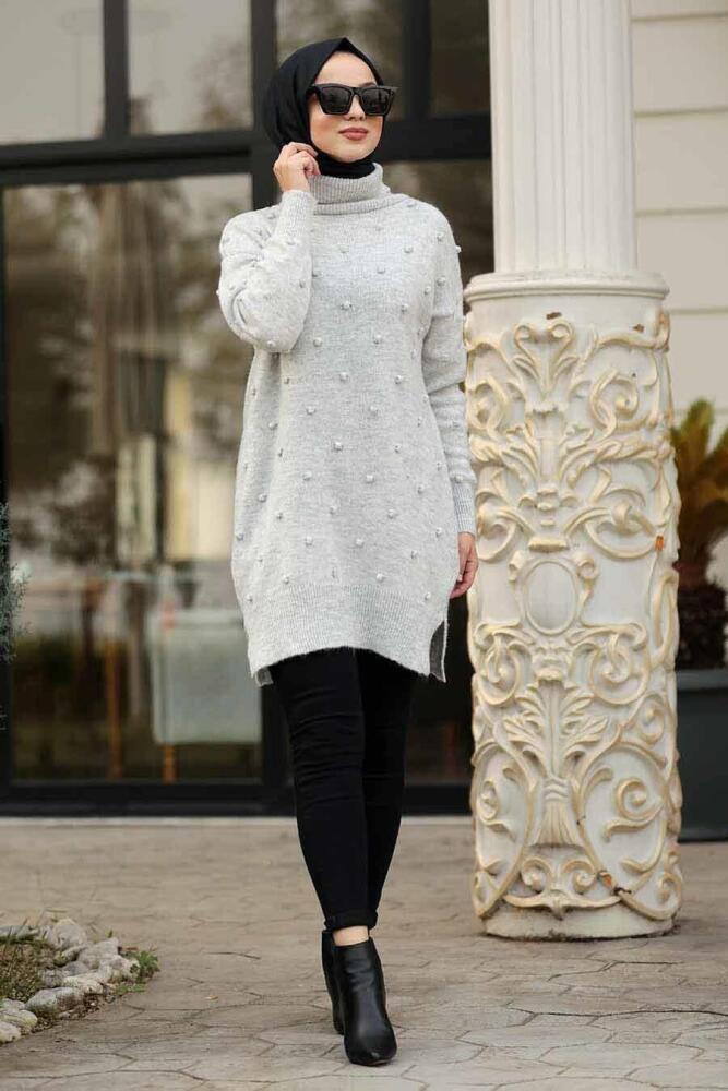 Gris - Neva Style - Pull En Maille Hijab - 15709GR - 1
