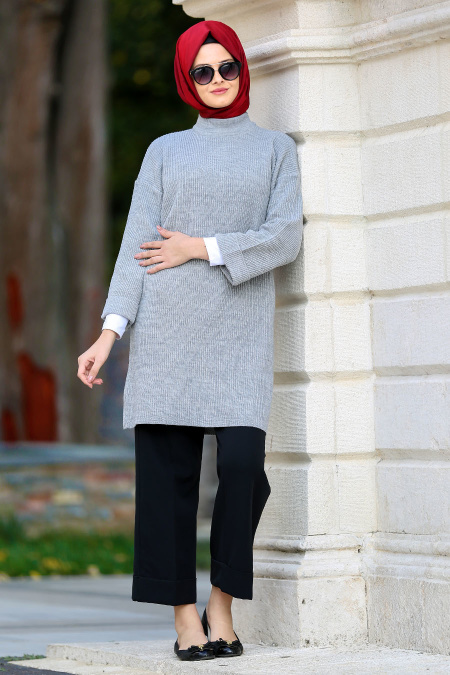 Gris - Neva Style - Pull En Maille Hijab 2919GR