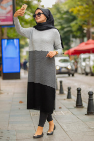 Gris - Neva Style - Tunique En Tricot Hijab 15379GR - Thumbnail