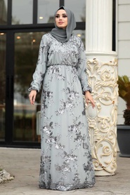Gris - Tesettürlü Abiye Elbise - Robe de Soirée Hijab - 11027GR - Thumbnail