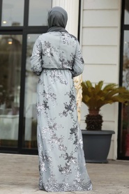 Gris - Tesettürlü Abiye Elbise - Robe de Soirée Hijab - 11027GR - Thumbnail