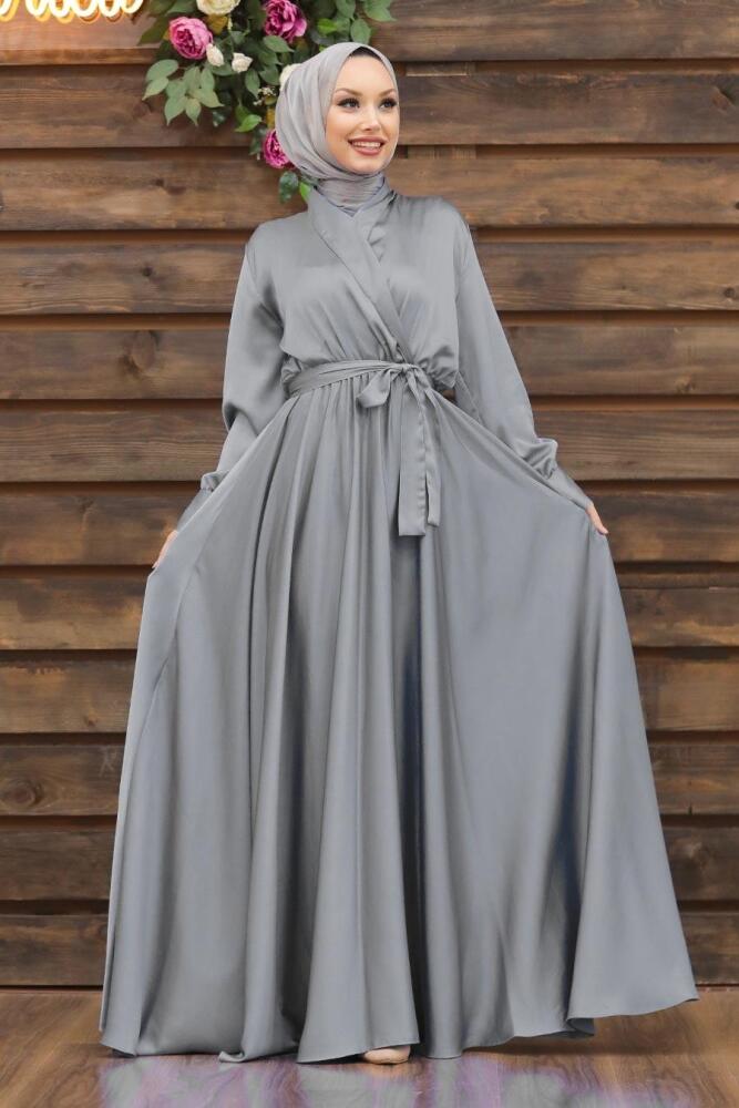 Gris - Tesettürlü Abiye Elbise - Robe de Soirée Hijab - 1418GR - 1