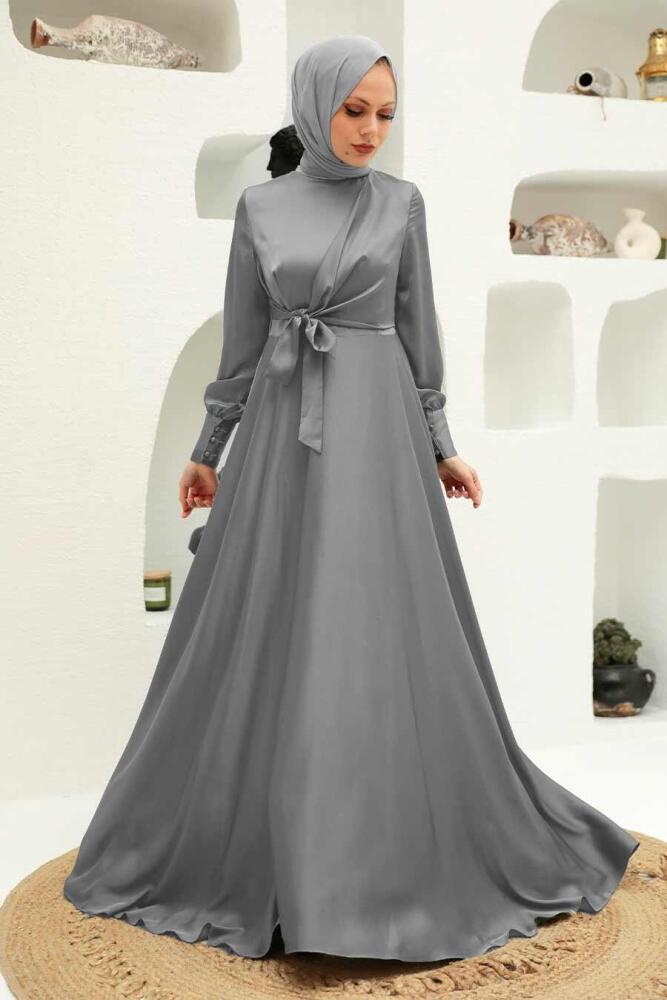 Gris - Tesettürlü Abiye Elbise - Robe de Soirée Hijab - 1420GR - 1